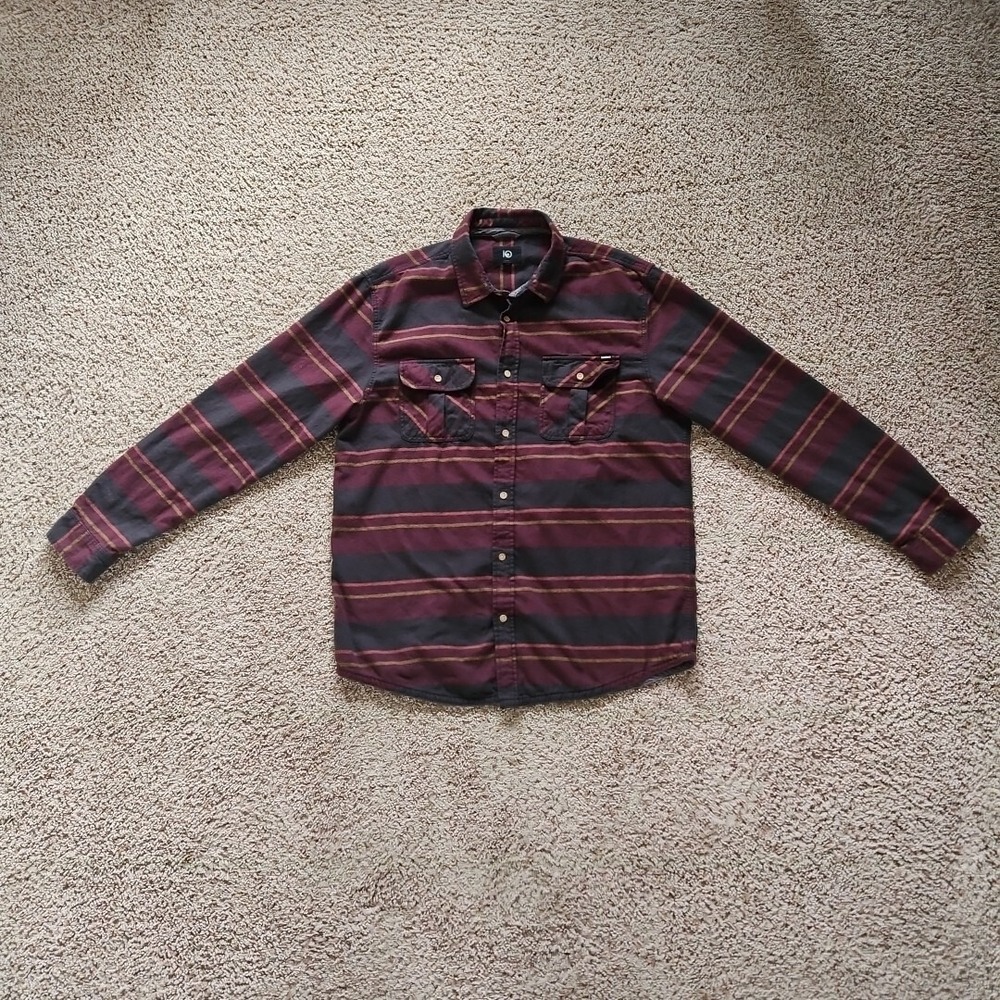 Tentree‎ Flannel Shirt XXL Striped Long Sleeve Organic Cotton Soft Gray Burgundy